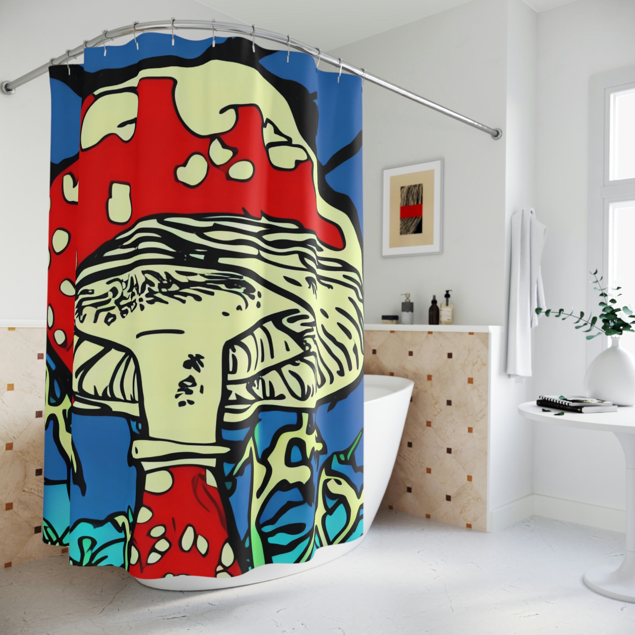 Heavy Duty Bath Curtains with Magic Mushrooms Pattern - For Unique and Decorative Bathroom Privacy.