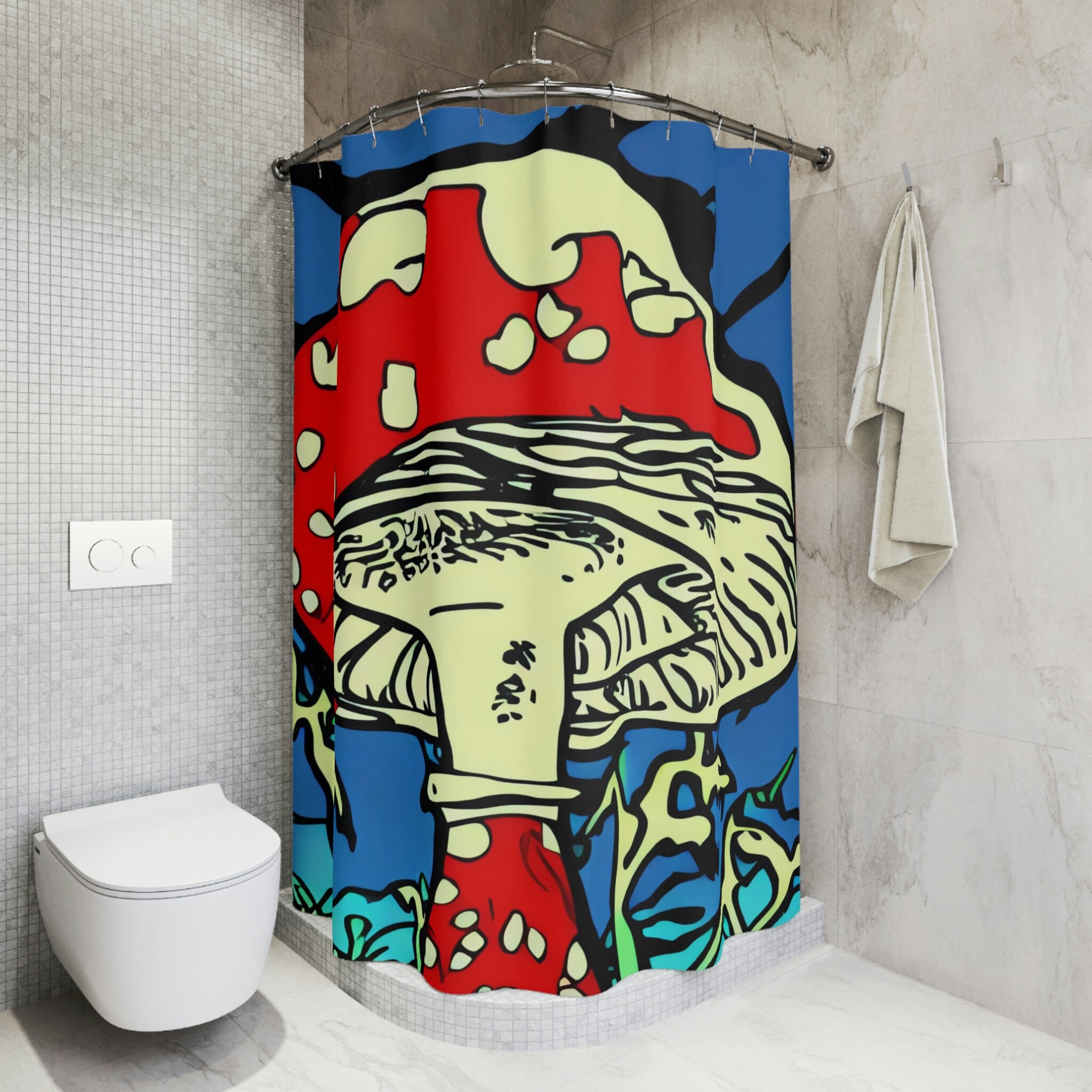 Heavy Duty Bath Curtains with Magic Mushrooms Pattern - For Unique and Decorative Bathroom Privacy.