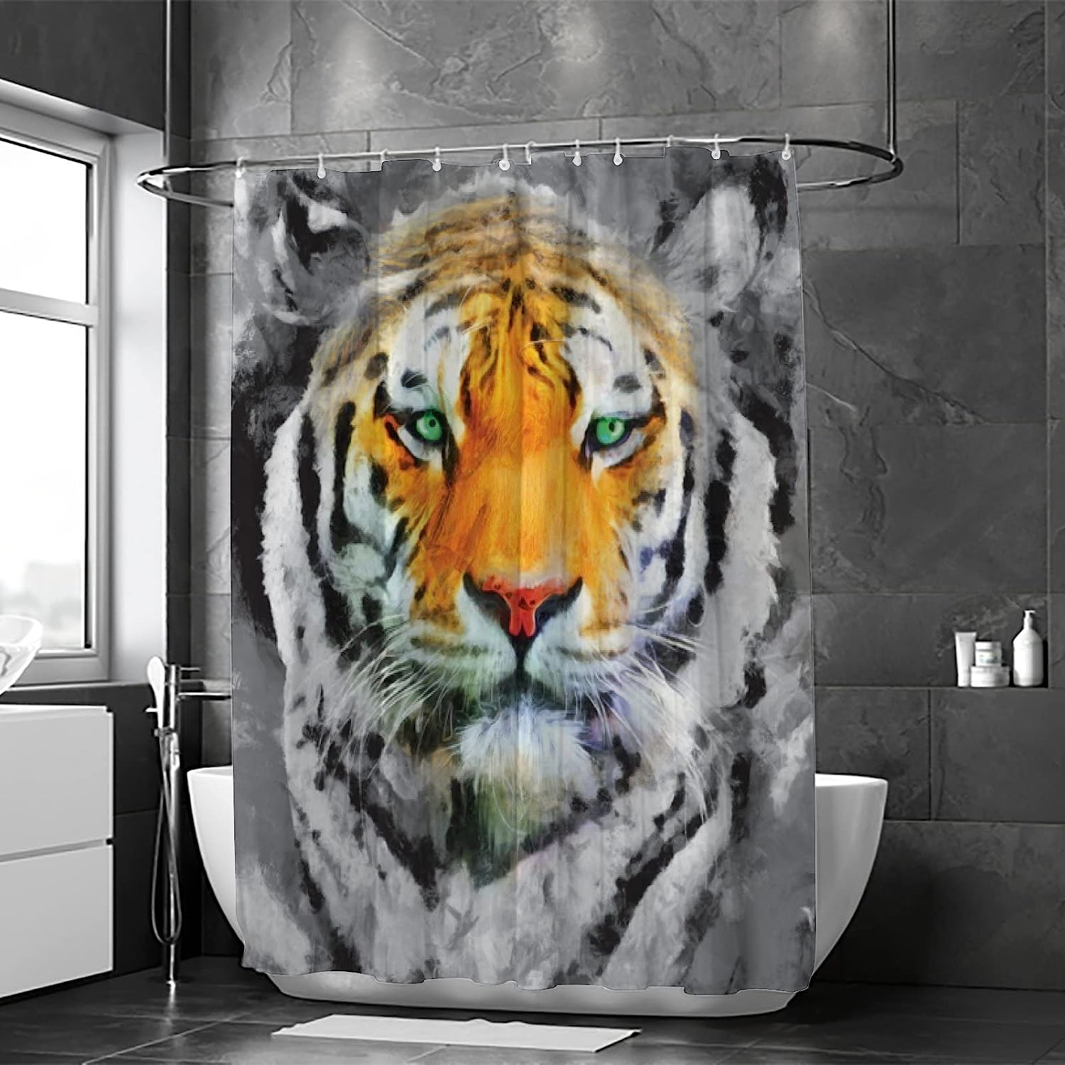 Heavy Duty Waterproof Fabric Bath Shower Curtain with Tiger Face Oil Painting for Home Decoration - Unbranded