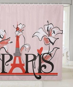 Heavy Fabric Eiffel Tower Shower Curtain In Pink Abstract Floral Design