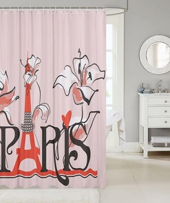 Heavy Fabric Eiffel Tower Shower Curtain In Pink Abstract Floral Design