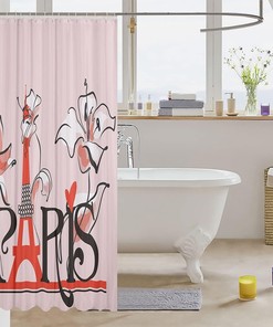 Heavy Fabric Eiffel Tower Shower Curtain In Pink Abstract Floral Design