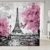 Heavy Fabric Eiffel Tower Shower Curtain In Pink Butterflies Design