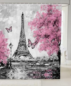 Heavy Fabric Eiffel Tower Shower Curtain In Pink Butterflies Design