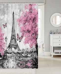 Heavy Fabric Eiffel Tower Shower Curtain In Pink Butterflies Design