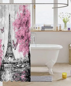Heavy Fabric Eiffel Tower Shower Curtain In Pink Butterflies Design