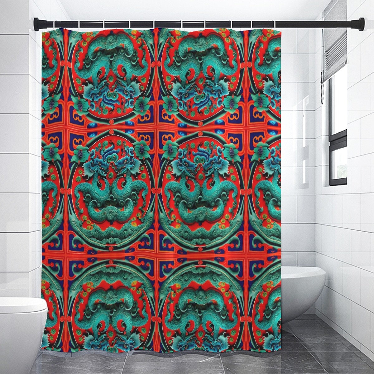 Heavyweight Waves Chinese Red Teal Luxury Dragon Shower Curtain For A Bold Bathroom