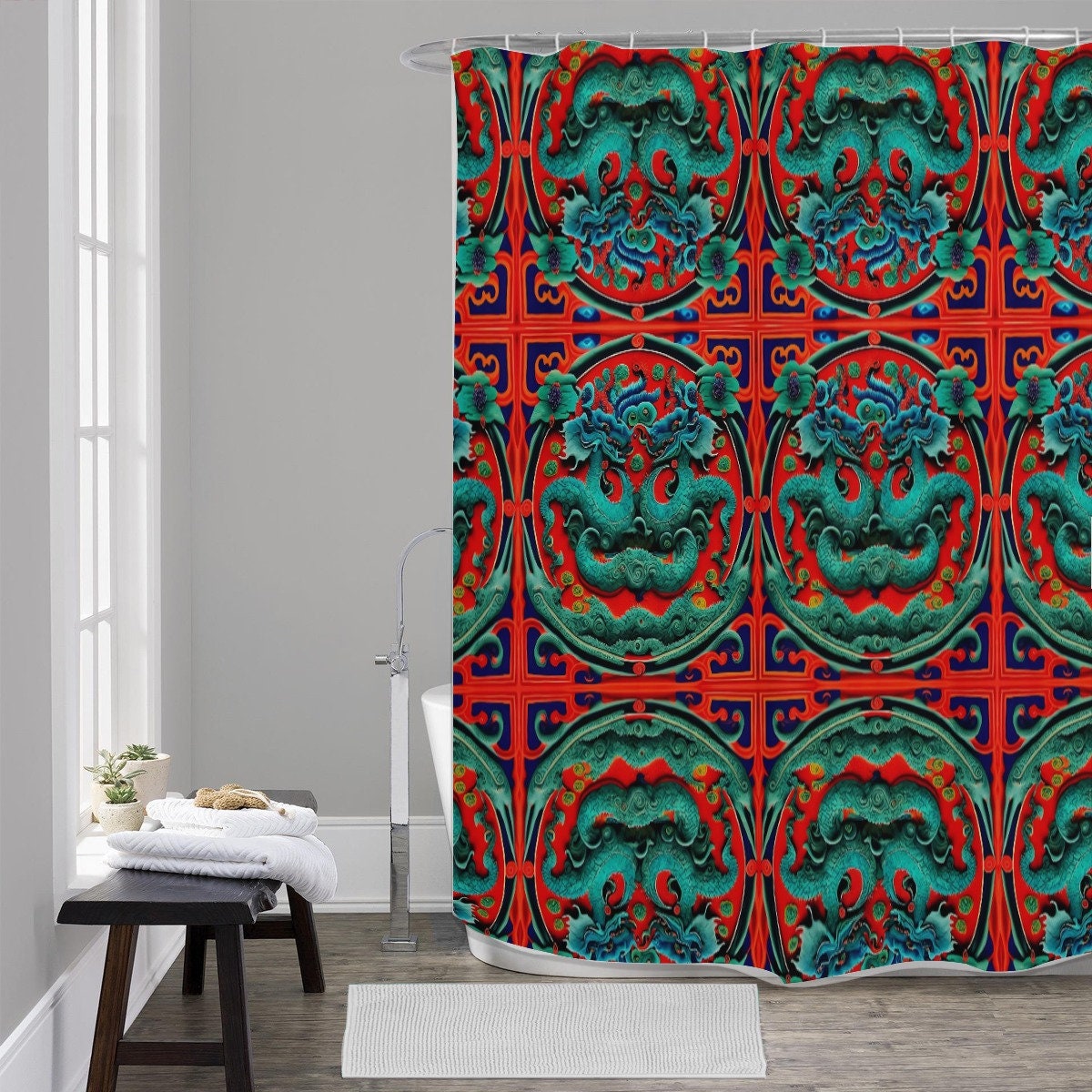 Heavyweight Waves Chinese Red Teal Luxury Dragon Shower Curtain For A Bold Bathroom - Image 2