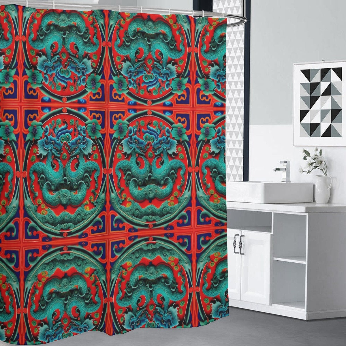 Heavyweight Waves Chinese Red Teal Luxury Dragon Shower Curtain For A Bold Bathroom - Image 3