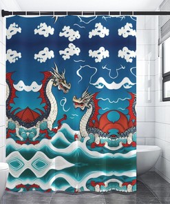 Heavyweight Waves Japanese Clouds And Sky Blue Red Dragon Shower Curtain For A Bold Bathroom