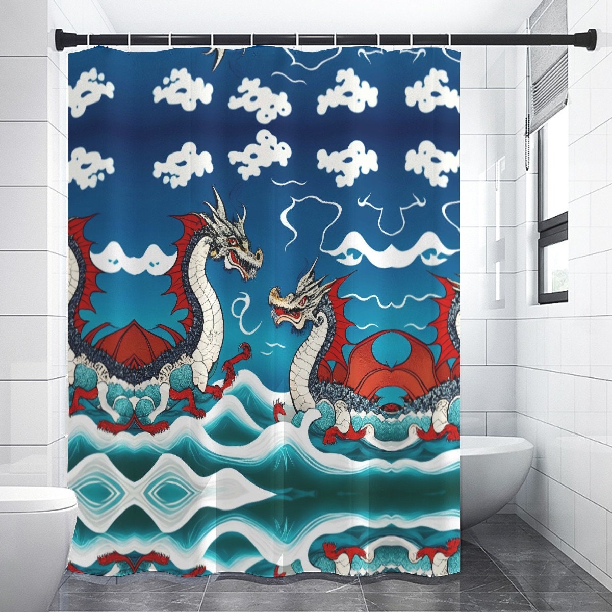 Heavyweight Waves Japanese Clouds And Sky Blue Red Dragon Shower Curtain For A Bold Bathroom