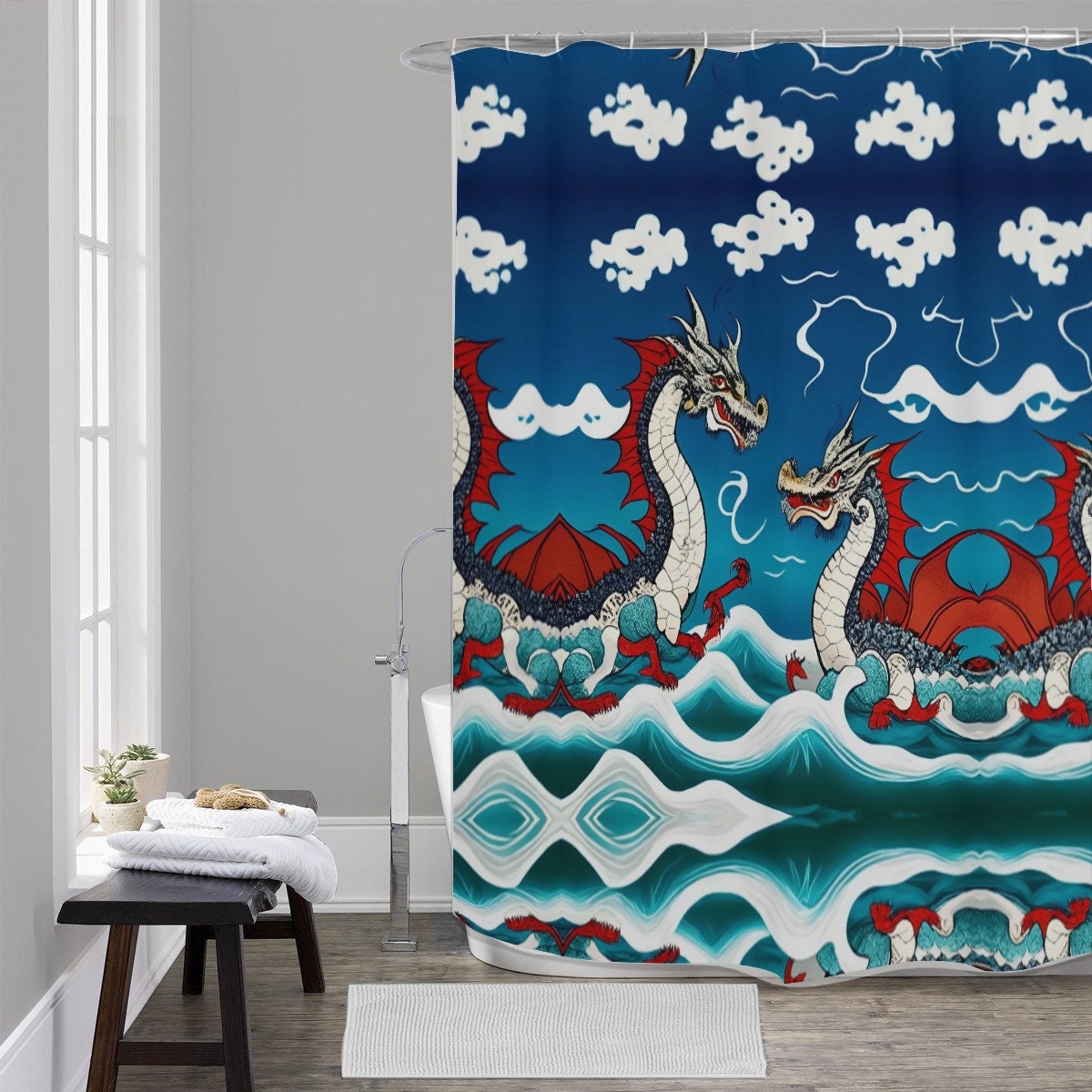 Heavyweight Waves Japanese Clouds And Sky Blue Red Dragon Shower Curtain For A Bold Bathroom - Image 2