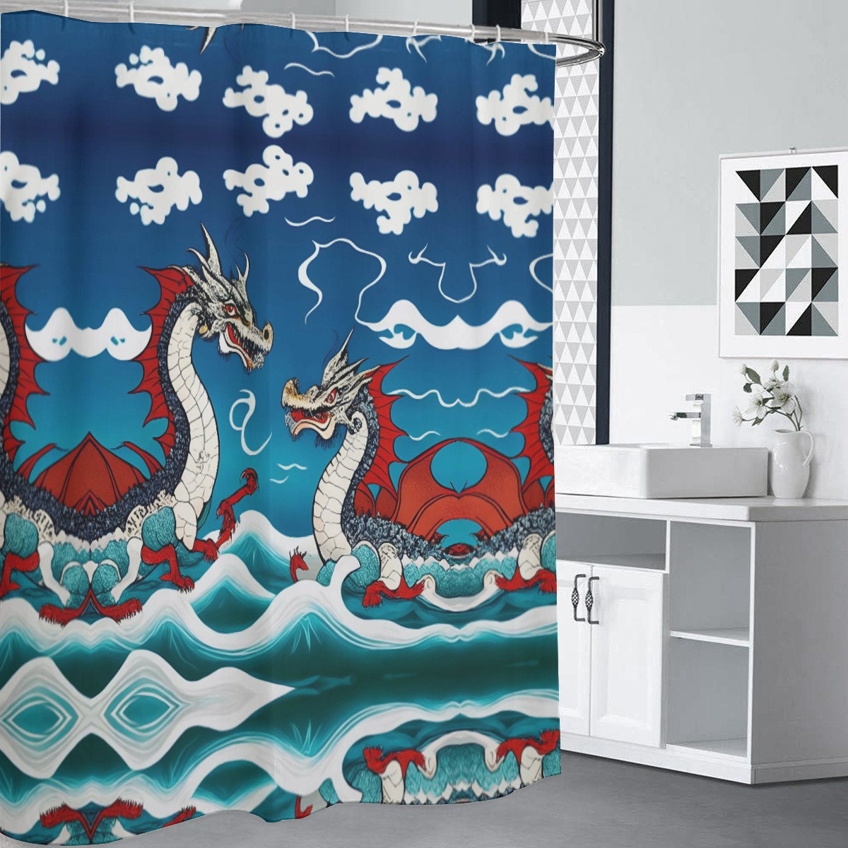 Heavyweight Waves Japanese Clouds And Sky Blue Red Dragon Shower Curtain For A Bold Bathroom - Image 3