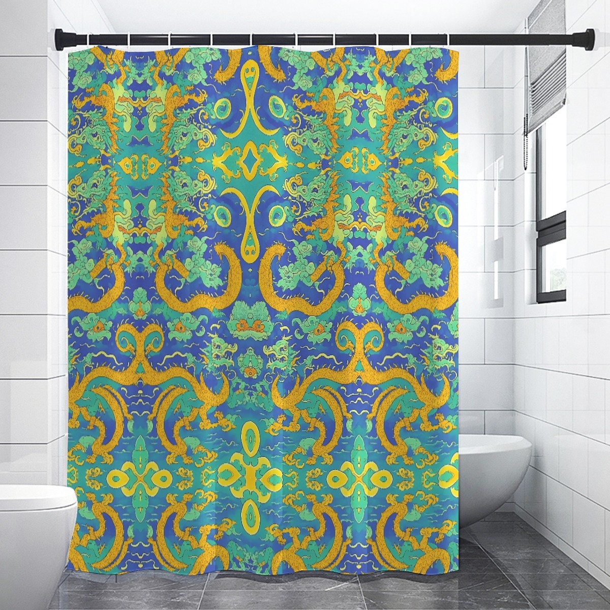 Heavyweight Waves Japanese Green Blue Luxury Dragon Shower Curtain For A Sophisticated Bathroom