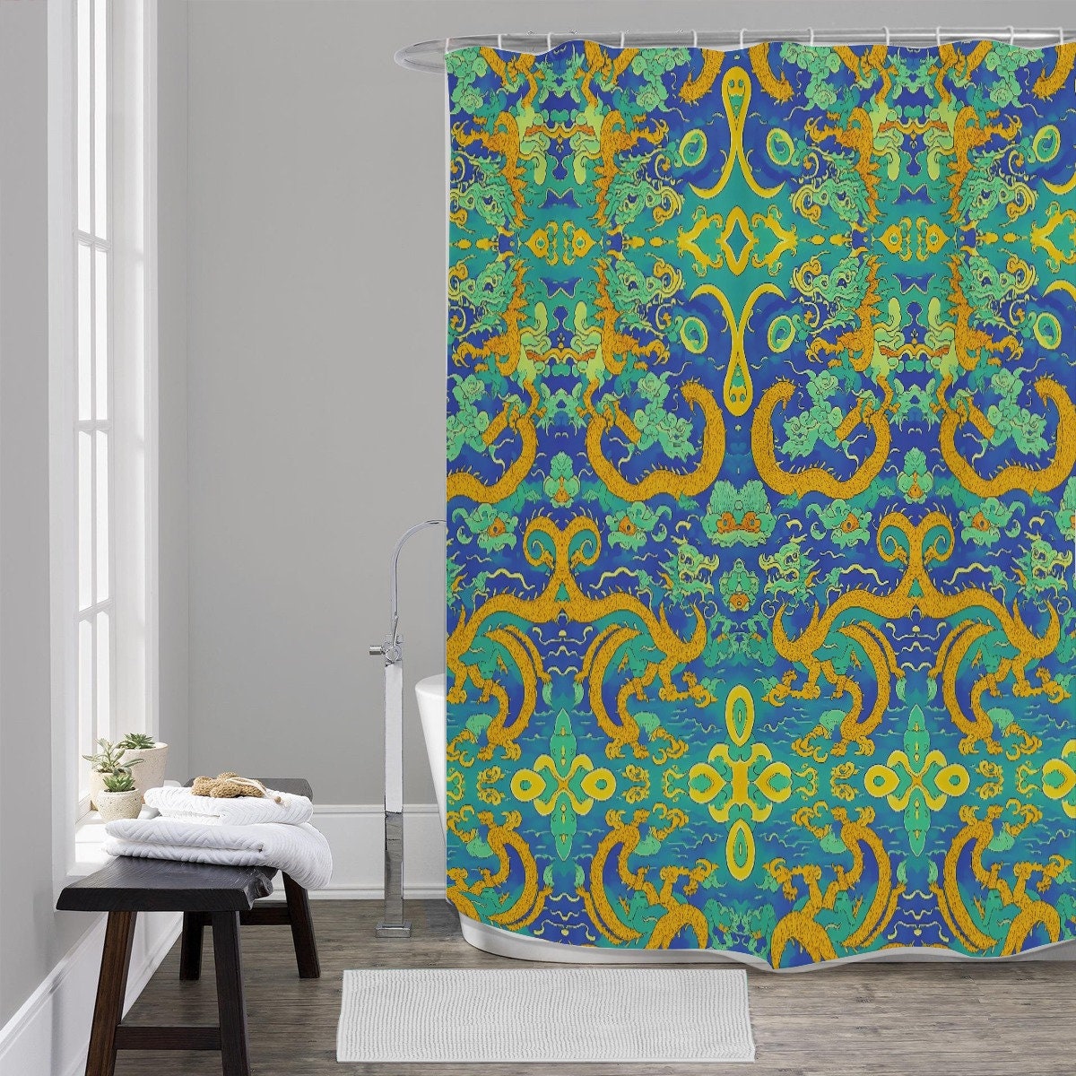 Heavyweight Waves Japanese Green Blue Luxury Dragon Shower Curtain For A Sophisticated Bathroom - Image 2