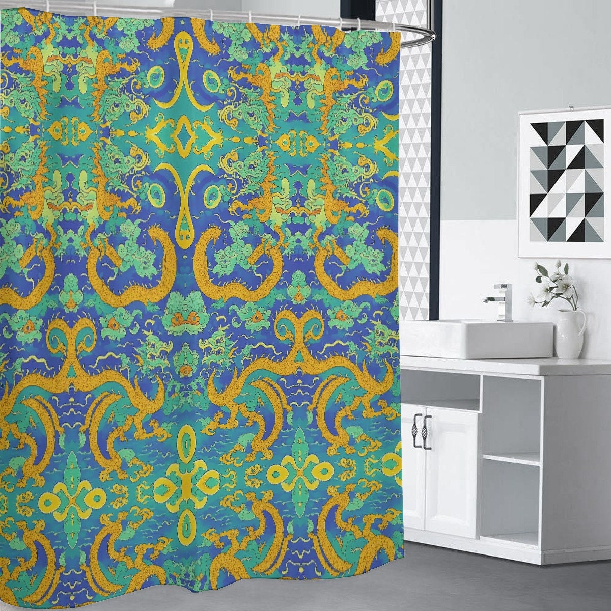 Heavyweight Waves Japanese Green Blue Luxury Dragon Shower Curtain For A Sophisticated Bathroom - Image 3