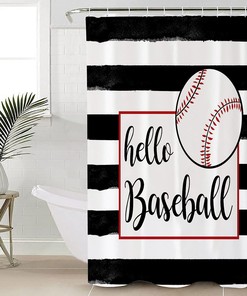 Hello Baseball on Black White Stripes Shower Curtain for Winter Bathroom Decor