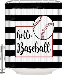 Hello Baseball on Black White Stripes Shower Curtain for Winter Bathroom Decor