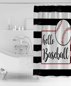Hello Baseball on Black White Stripes Shower Curtain for Winter Bathroom Decor