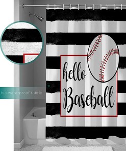 Hello Baseball on Black White Stripes Shower Curtain for Winter Bathroom Decor