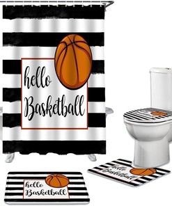 Hello Basketball Black and White Stripe Vintage Shower Curtain