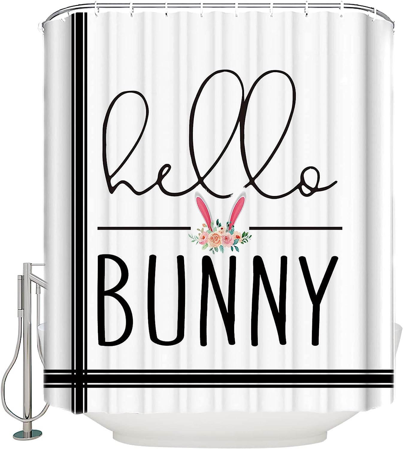 Hello Bunny Black Stripes Shower Curtain - Farmhouse Bathroom Decor