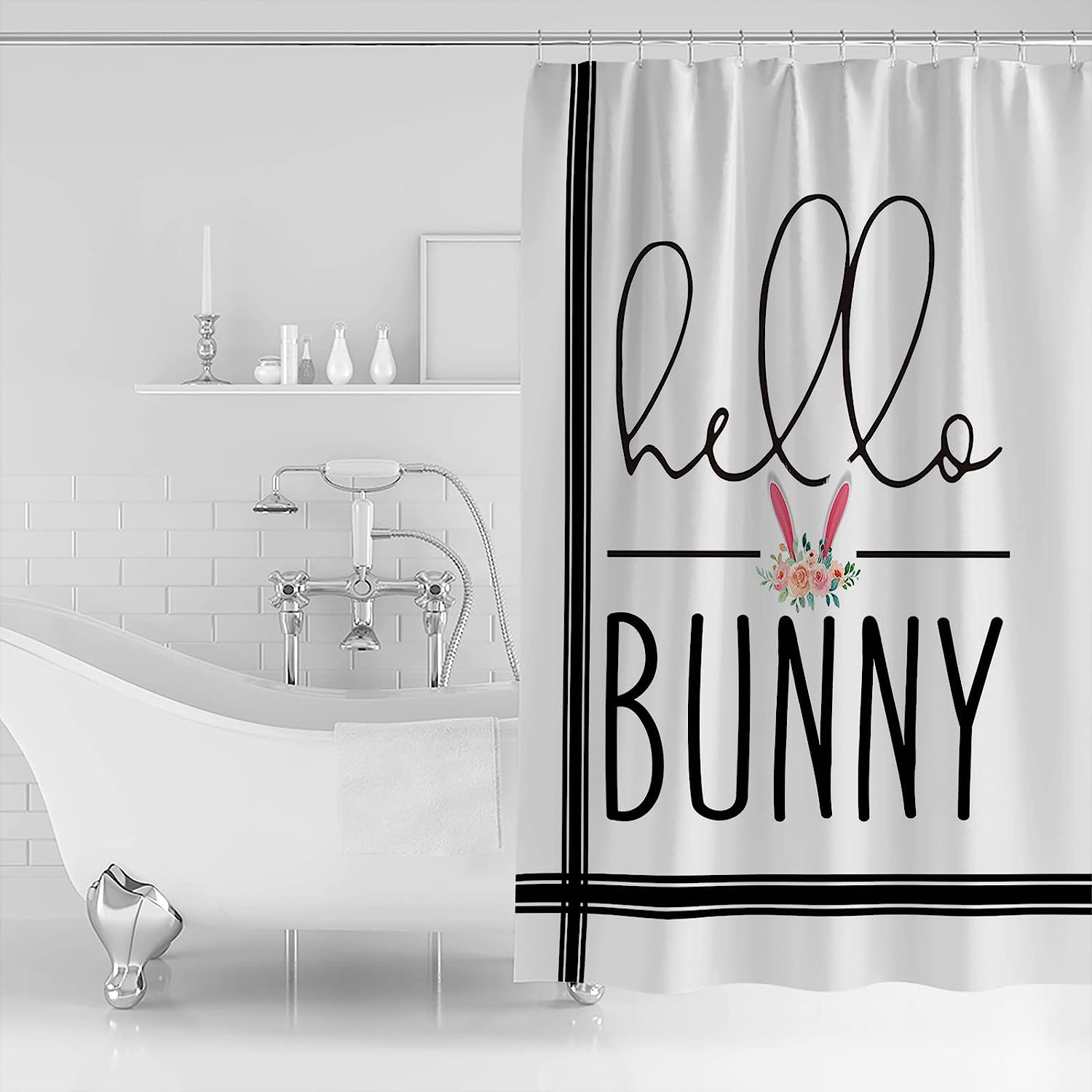 Hello Bunny Black Stripes Shower Curtain - Farmhouse Bathroom Decor