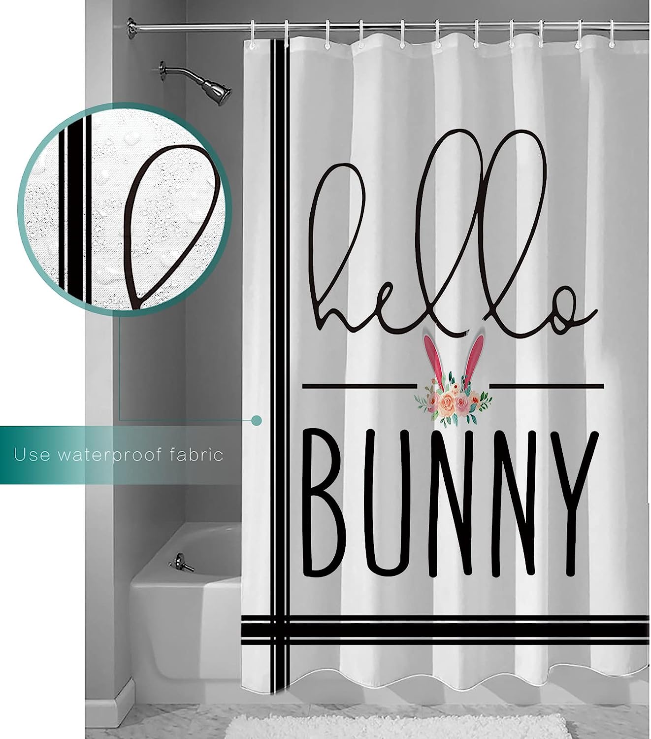 Hello Bunny Black Stripes Shower Curtain - Farmhouse Bathroom Decor