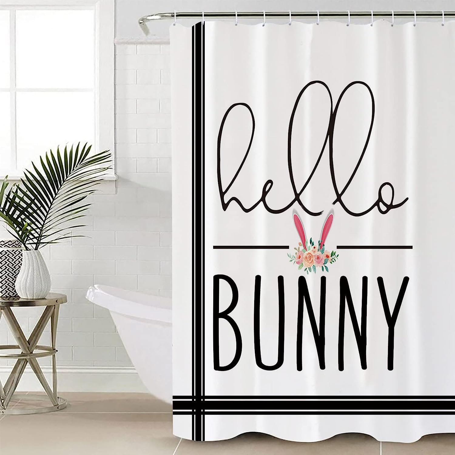 Hello Bunny Black Stripes Shower Curtain - Farmhouse Bathroom Decor