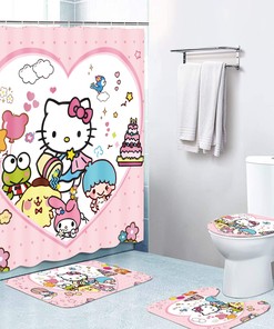 Hello Kitty Love Waterproof Shower Curtain with Pink Ribbon Design for Girls Bathroom 