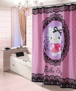 Hello Kitty Pink Dot and Black Lace Design Shower Curtain with Waterproof Fabric