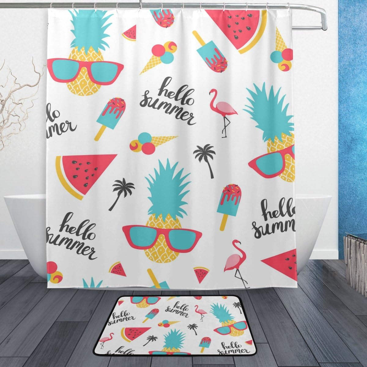 Hello Summer Flamingo Watermelon Shower Curtain, Waterproof Bathroom Decor