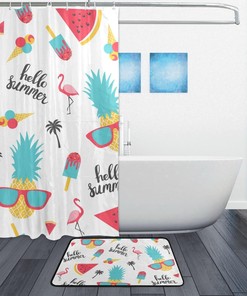 Hello Summer Flamingo Watermelon Shower Curtain, Waterproof Bathroom Decor
