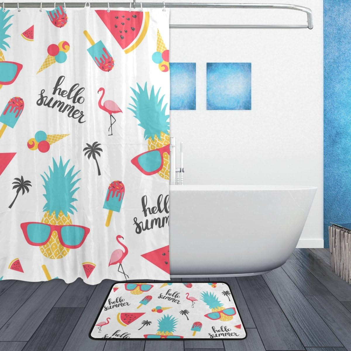 Hello Summer Flamingo Watermelon Shower Curtain, Waterproof Bathroom Decor