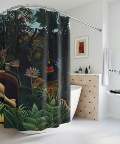 Henri Rousseau Inspired Jungle Motif Shower Curtain for Unique Bathroom Decor