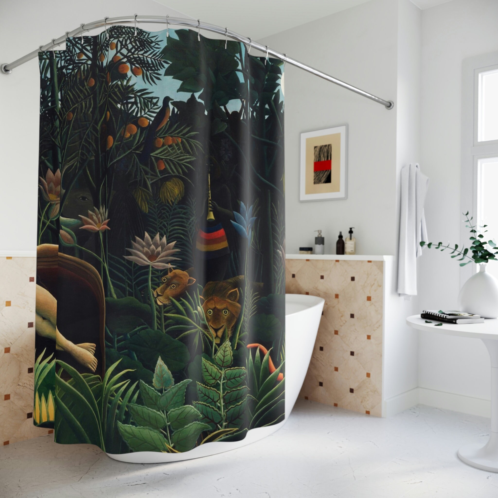 Henri Rousseau Inspired Jungle Motif Shower Curtain for Unique Bathroom Decor