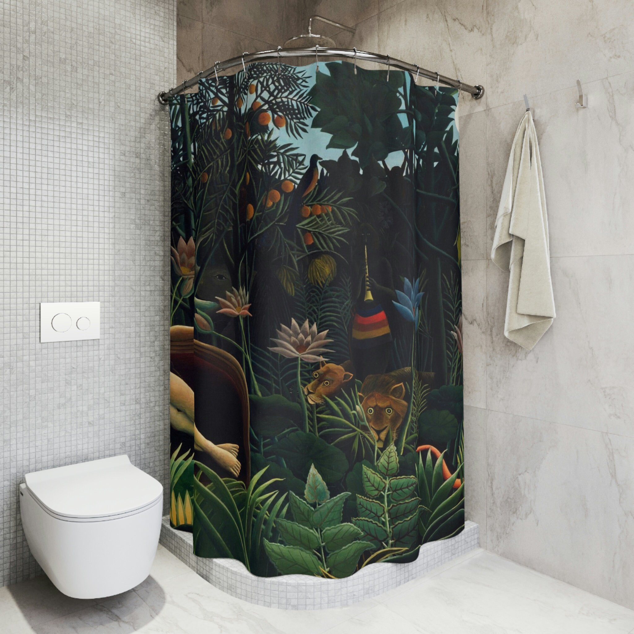 Henri Rousseau Inspired Jungle Motif Shower Curtain for Unique Bathroom Decor