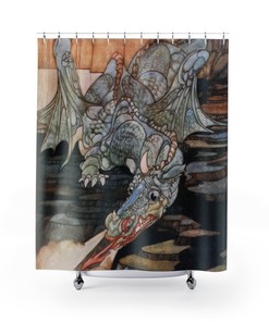 Here Be Dragons Vintage Art Nouveau Illustration Printed Shower Curtain