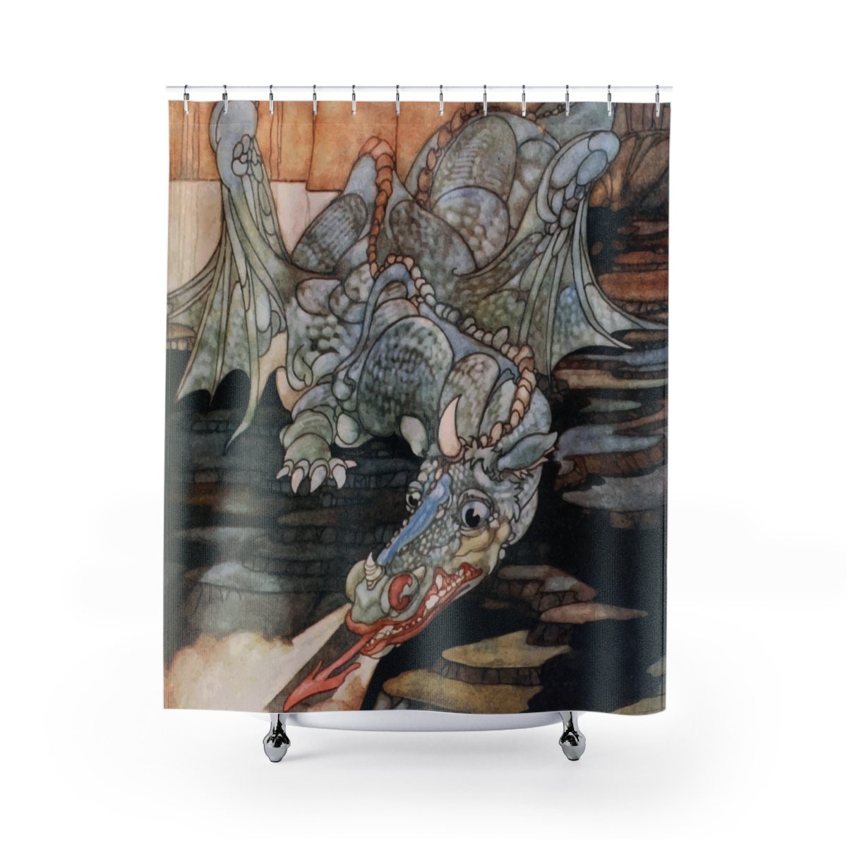 Here Be Dragons Vintage Art Nouveau Illustration Printed Shower Curtain