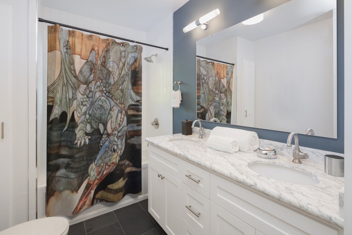 Here Be Dragons Vintage Art Nouveau Illustration Printed Shower Curtain