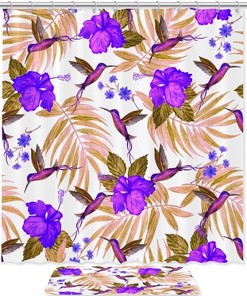 Hibiscus Flower Palm Leaves Hummingbird Shower Curtain Waterproof Girls Kids Bathroom