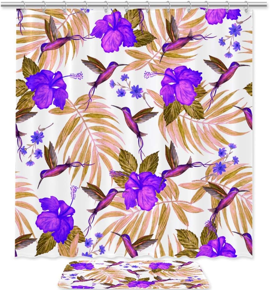 Hibiscus Flower Palm Leaves Hummingbird Shower Curtain Waterproof Girls Kids Bathroom