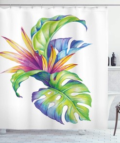 Hibiscus Flower Tropical Leaves Shower Curtain for Vibrant Bathroom Decor