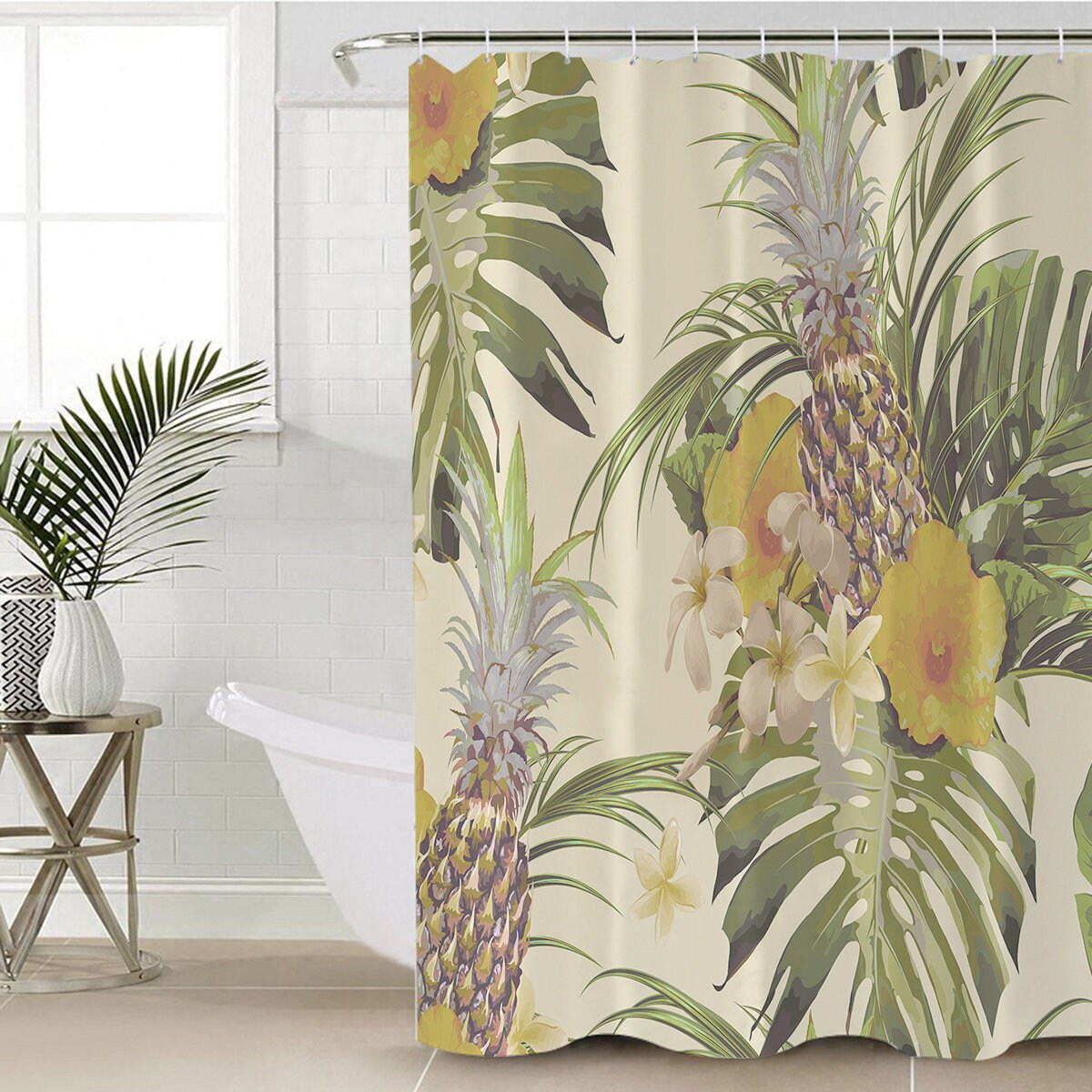 Hibiscus Flowers Palm Leaves Hawaiian Style Shower Curtain