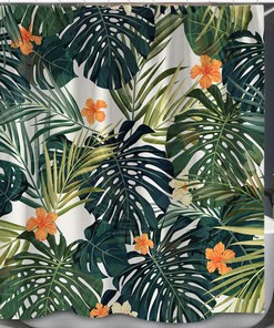 Hibiscus Flowers Tropical Leaves Shower Curtain for Island-Themed Bathroom Decor