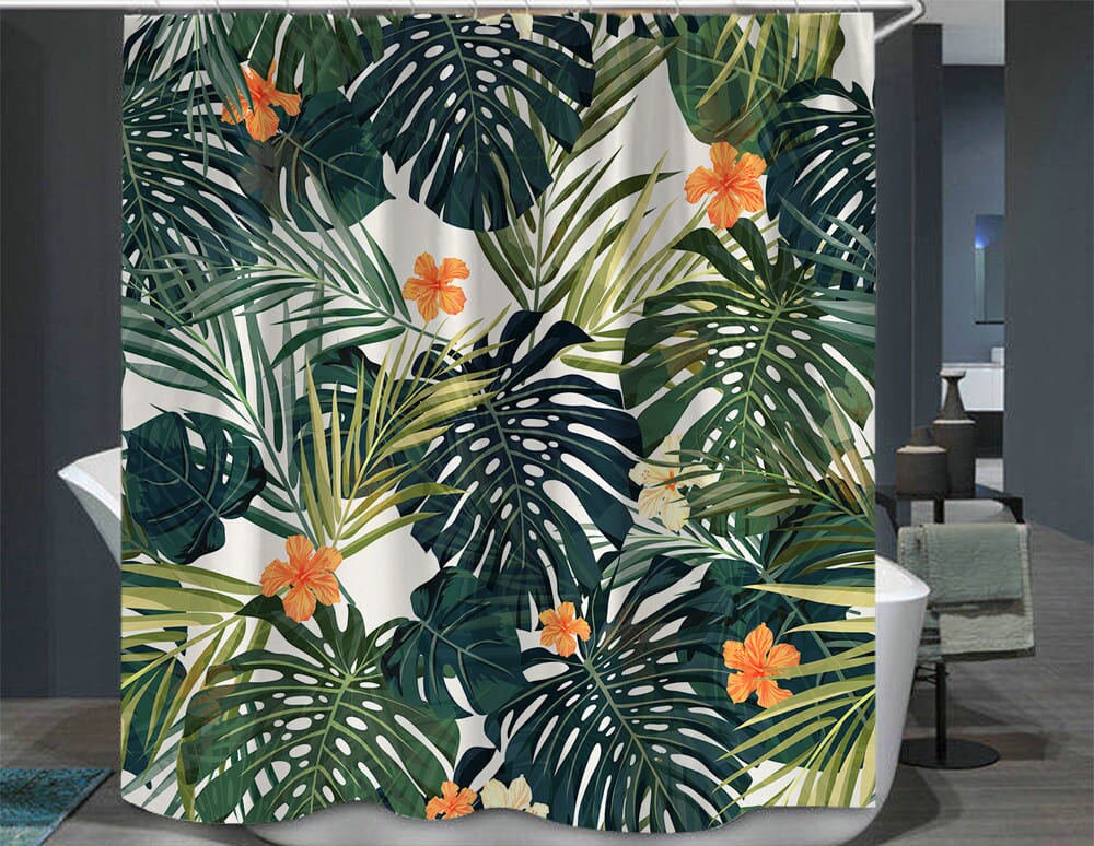 Hibiscus Flowers Tropical Leaves Shower Curtain for Island-Themed Bathroom Decor