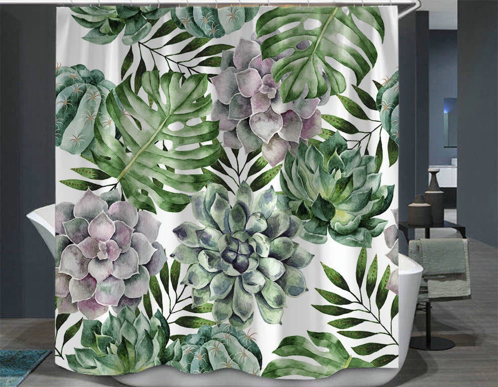 Hibiscus Flowers Tropical Leaves Shower Curtain for Island-Themed Bathroom Decor