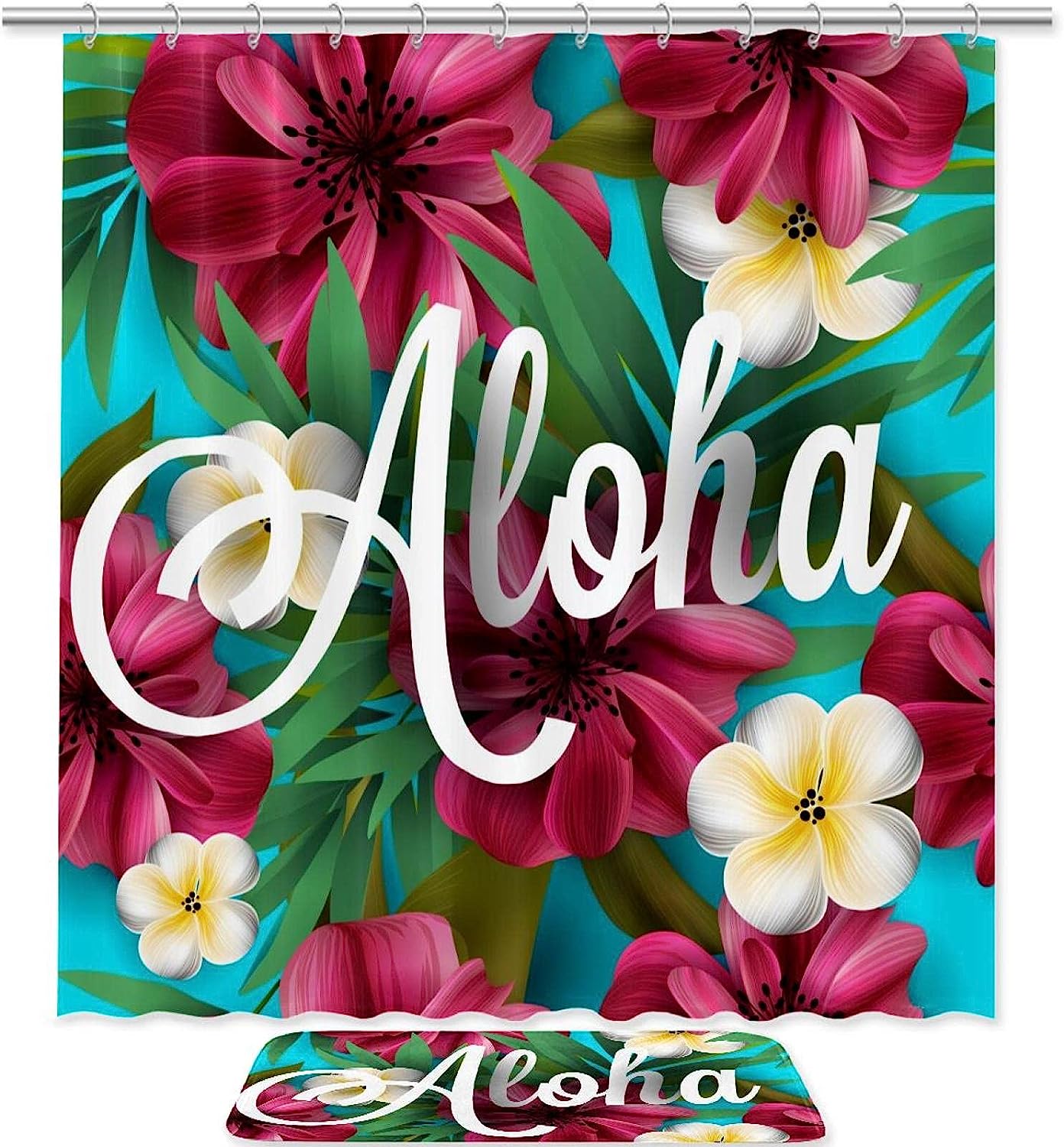 Hibiscus Orchid Flowers And Palm Leaf Modern Shower Curtain - Double Glide Shower Hooks - Waterproof