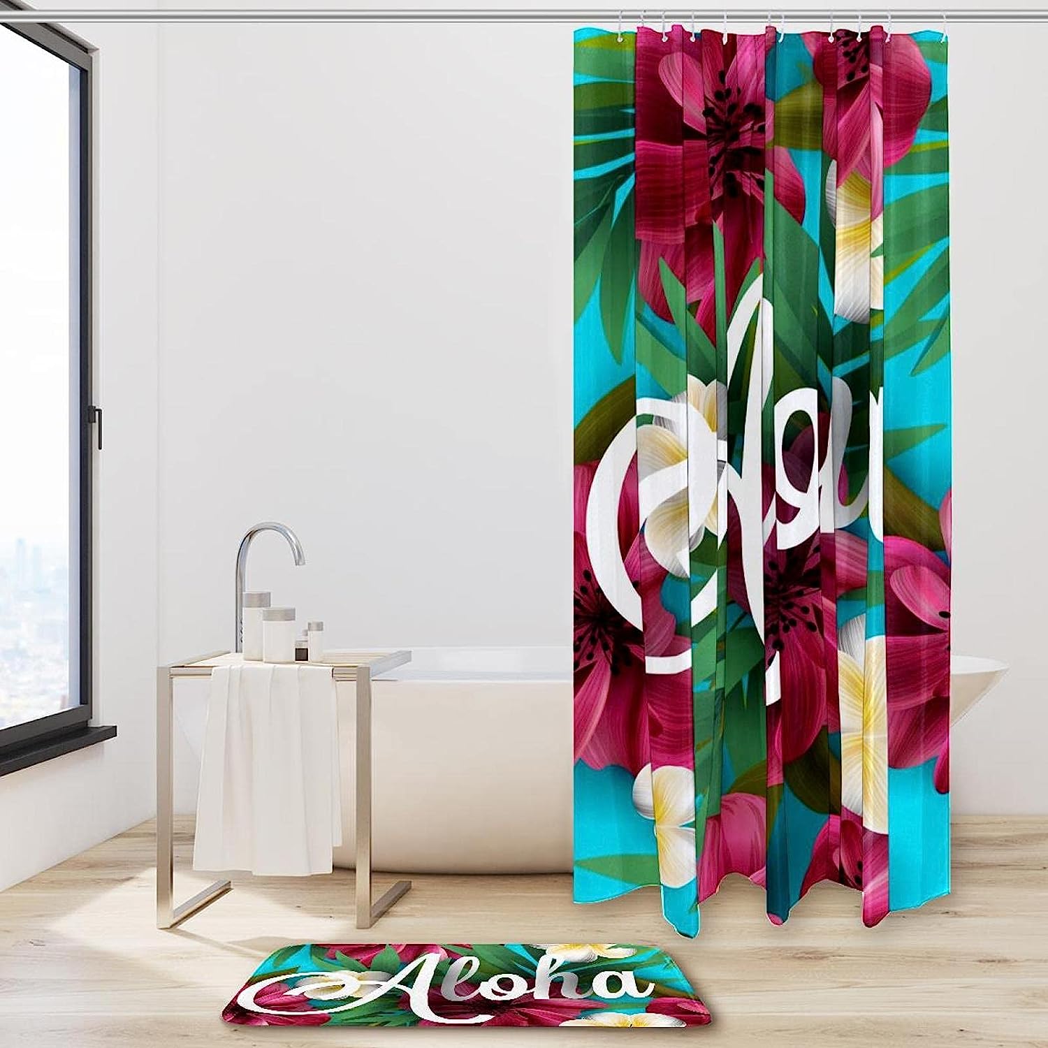Hibiscus Orchid Flowers And Palm Leaf Modern Shower Curtain - Double Glide Shower Hooks - Waterproof - Image 2