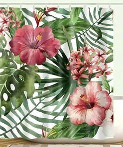 Hibiscus Plumeria Floral Plant Shower Curtain For Tropical Leaf Lovers
